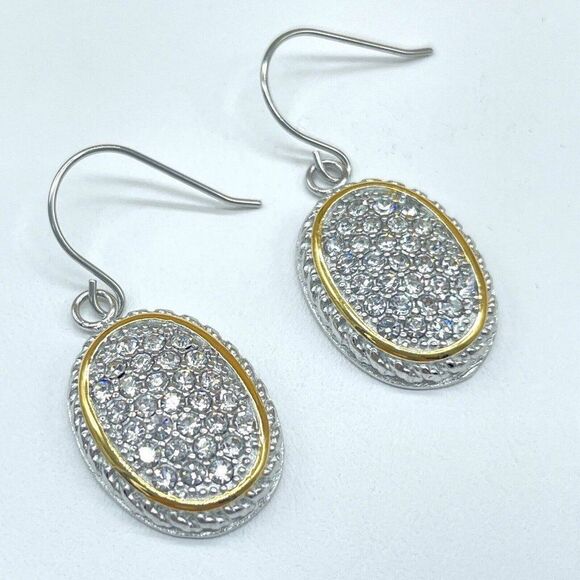 Emma Skye Silver Tone Pave Crystal Drop Earrings Gold Tone Accent Oval Shape - Picture 2 of 9